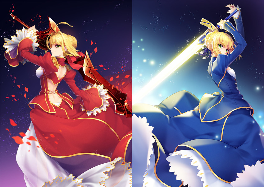 artoria pendragon, saber, and nero claudius (fate and 2 more) drawn by yeruen