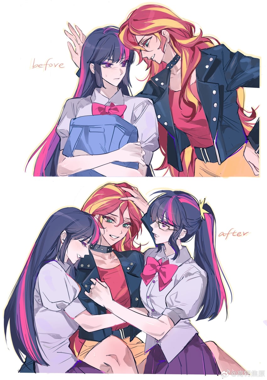 twilight sparkle, sunset shimmer, and sci-twi (my little pony and 2 more) drawn by m_omoo