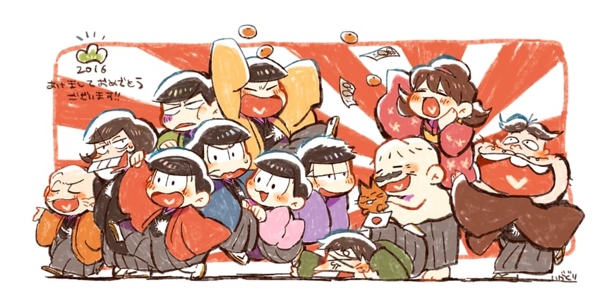 matsuno osomatsu, matsuno karamatsu, matsuno ichimatsu, matsuno jyushimatsu, matsuno choromatsu, and 8 more (osomatsu and 1 more) drawn by kuri_(shibimame)