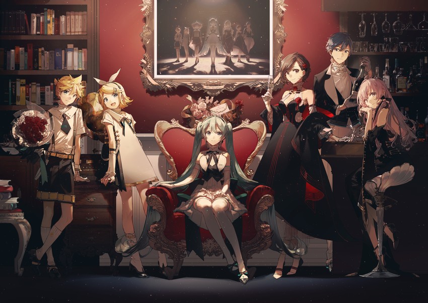 hatsune miku, kagamine rin, kagamine len, megurine luka, kasane teto, and 2 more (vocaloid and 2 more) drawn by rella