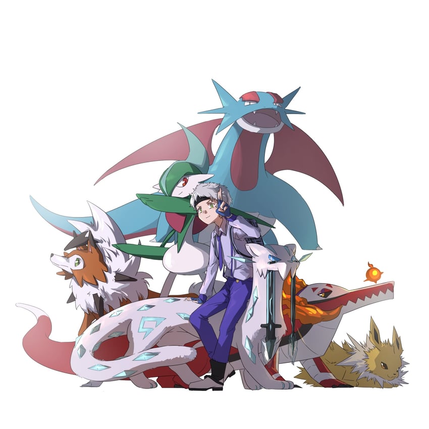 gallade, jolteon, lycanroc, salamence, skeledirge, and 1 more (pokemon and 1 more) drawn by robinlovesop