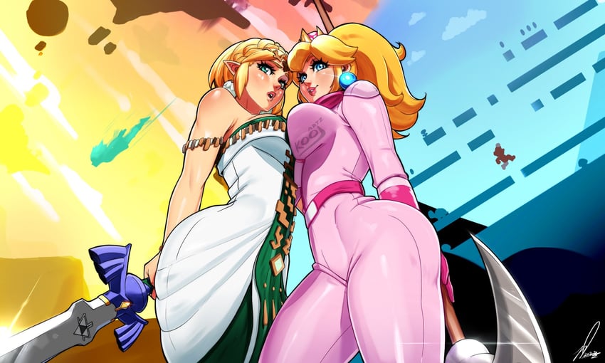 link, princess zelda, princess peach, mario, and biker peach (the legend of zelda and 4 more) drawn by kooj_artz