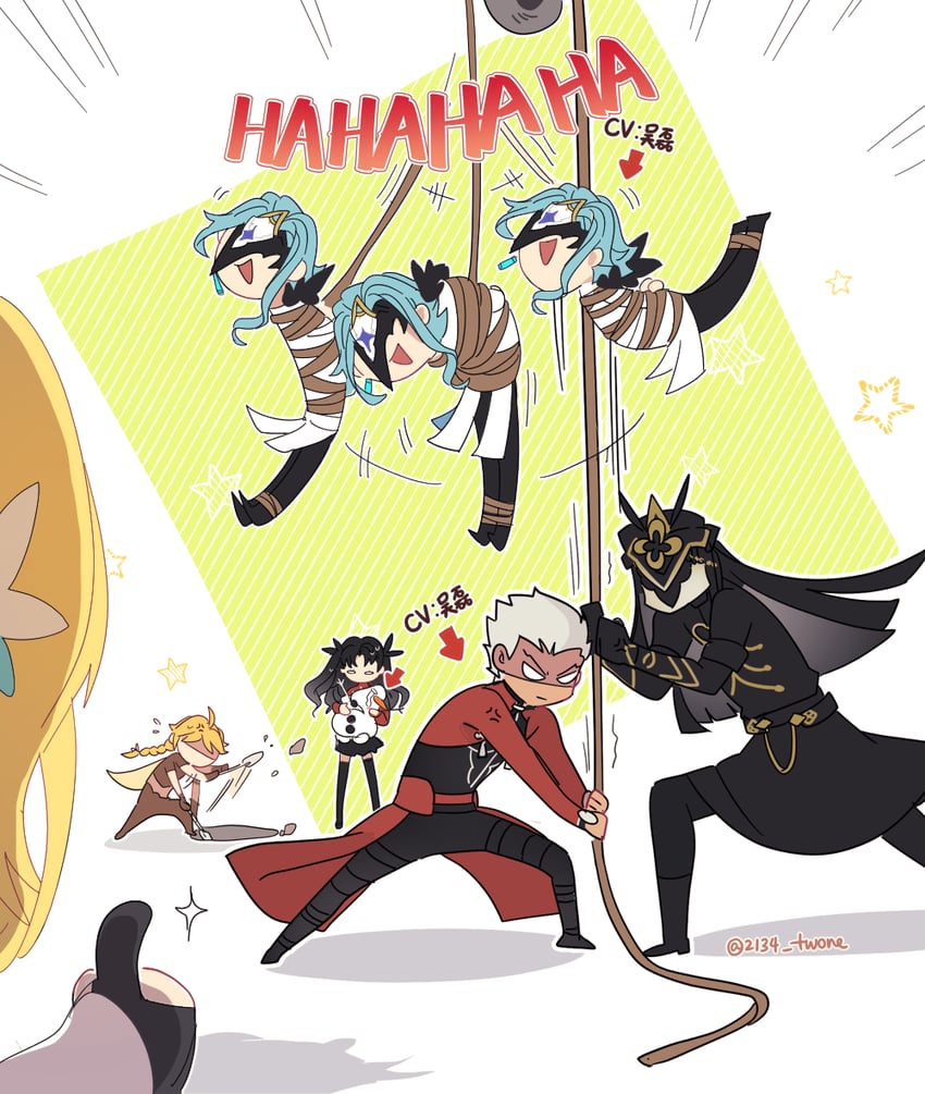 lumine, aether, tohsaka rin, archer, capitano, and 2 more (fate and 2 more) drawn by 2134twone