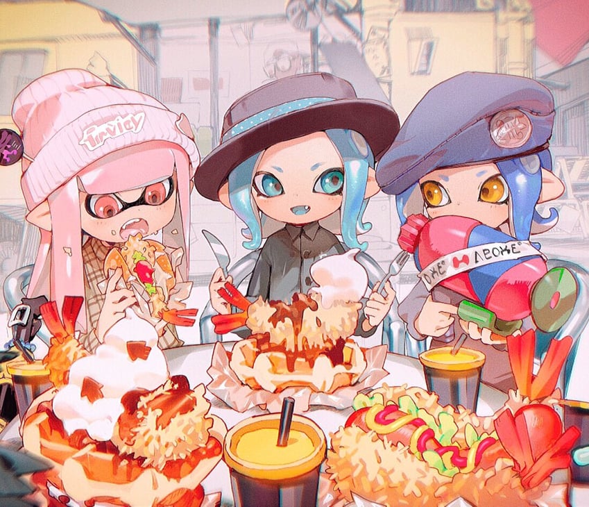 inkling player character, inkling girl, octoling player character, octoling girl, and crusty sean (splatoon and 1 more) drawn by shima_(5p6p7p)