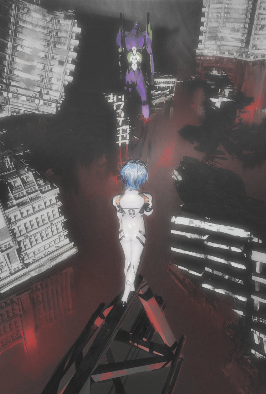 ayanami rei and eva 01 (neon genesis evangelion) drawn by shiej007