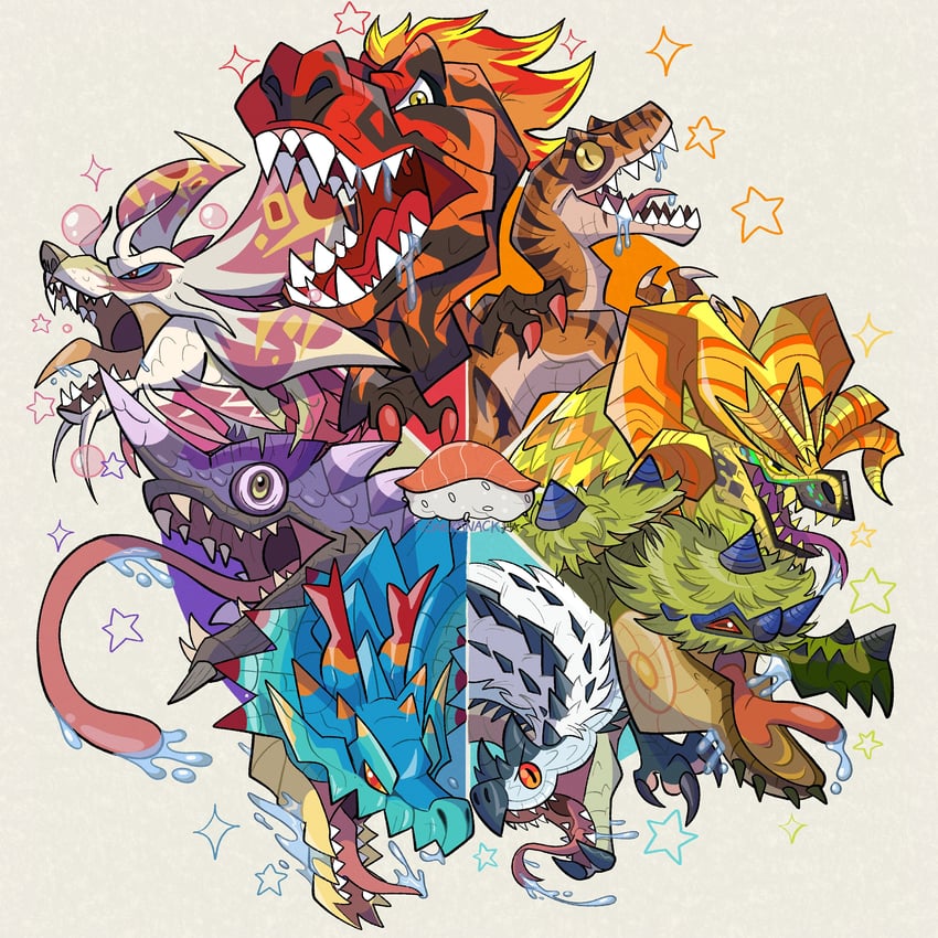 mizutsune, lagiacrus, kulve taroth, chameleos, tobi-kadachi, and 2 more (monster hunter and 2 more) drawn by snek_snack