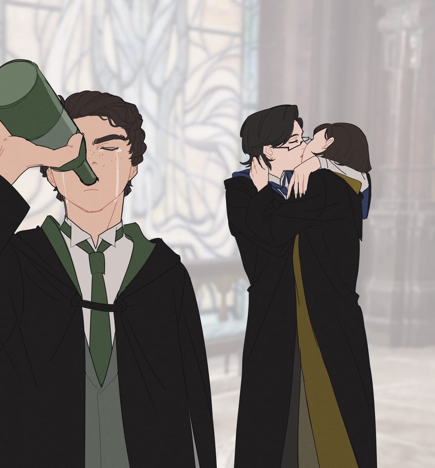 sebastian sallow, protagonist, and poppy sweeting (wizarding world and 1 more) drawn by huayv666