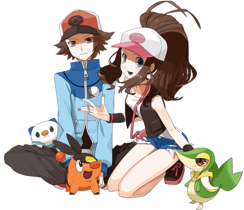 hilda, hilbert, oshawott, snivy, and tepig (pokemon and 1 more) drawn by gum_(gmng)