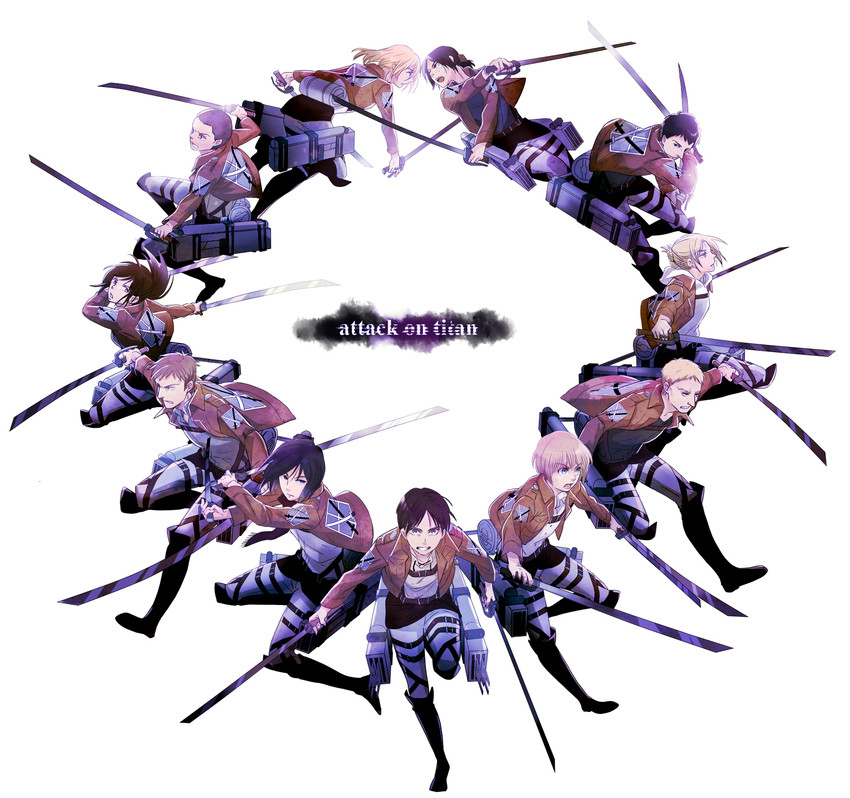mikasa ackerman, eren yeager, krista lenz, ymir, reiner braun, and 6 more (shingeki no kyojin) drawn by suzukingyo
