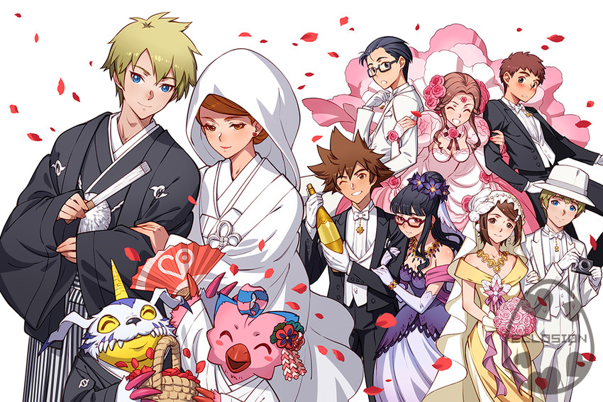 yagami hikari, yagami taichi, tachikawa mimi, takenouchi sora, takaishi takeru, and 6 more (digimon and 2 more) drawn by eclosion
