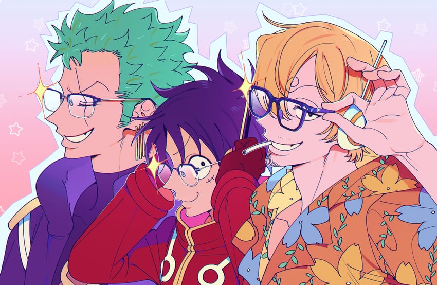 monkey d. luffy, roronoa zoro, and sanji (one piece) drawn by tm_one