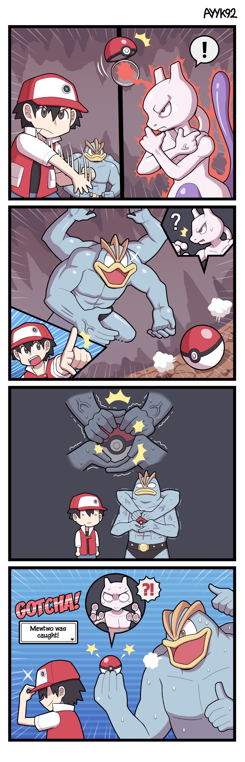 red, mewtwo, and machamp (pokemon and 1 more) drawn by ayyk92