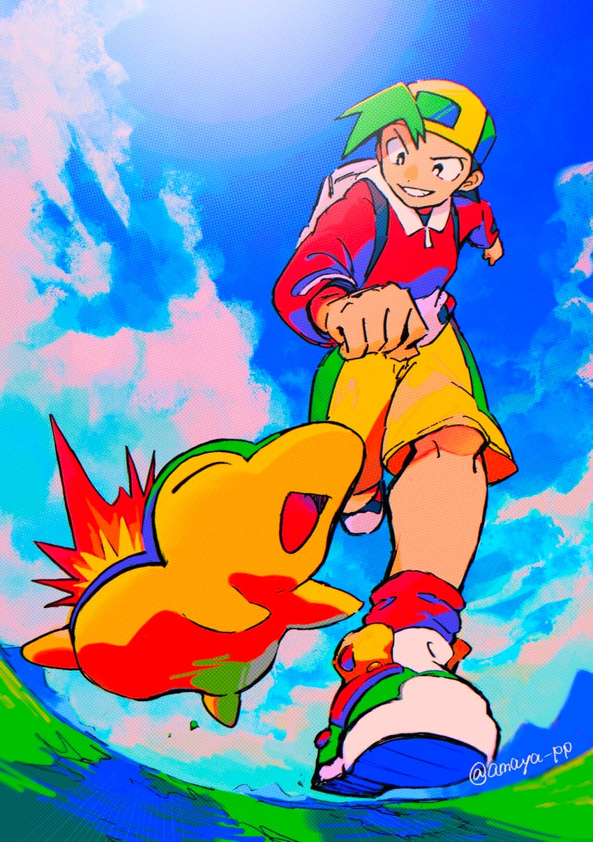 ethan and cyndaquil (pokemon and 1 more) drawn by amaya_uw