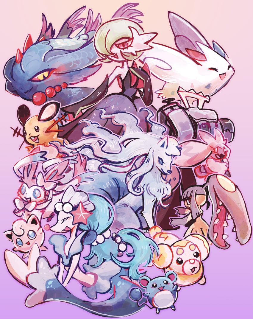 gardevoir, sylveon, mega gardevoir, jigglypuff, mawile, and 8 more (pokemon) drawn by kurapixel