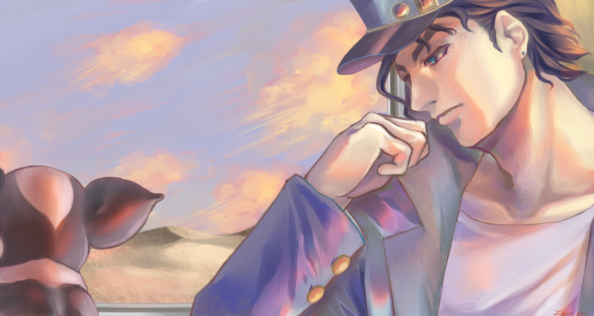 kujo jotaro and iggy (jojo no kimyou na bouken and 1 more) drawn by zyusyu