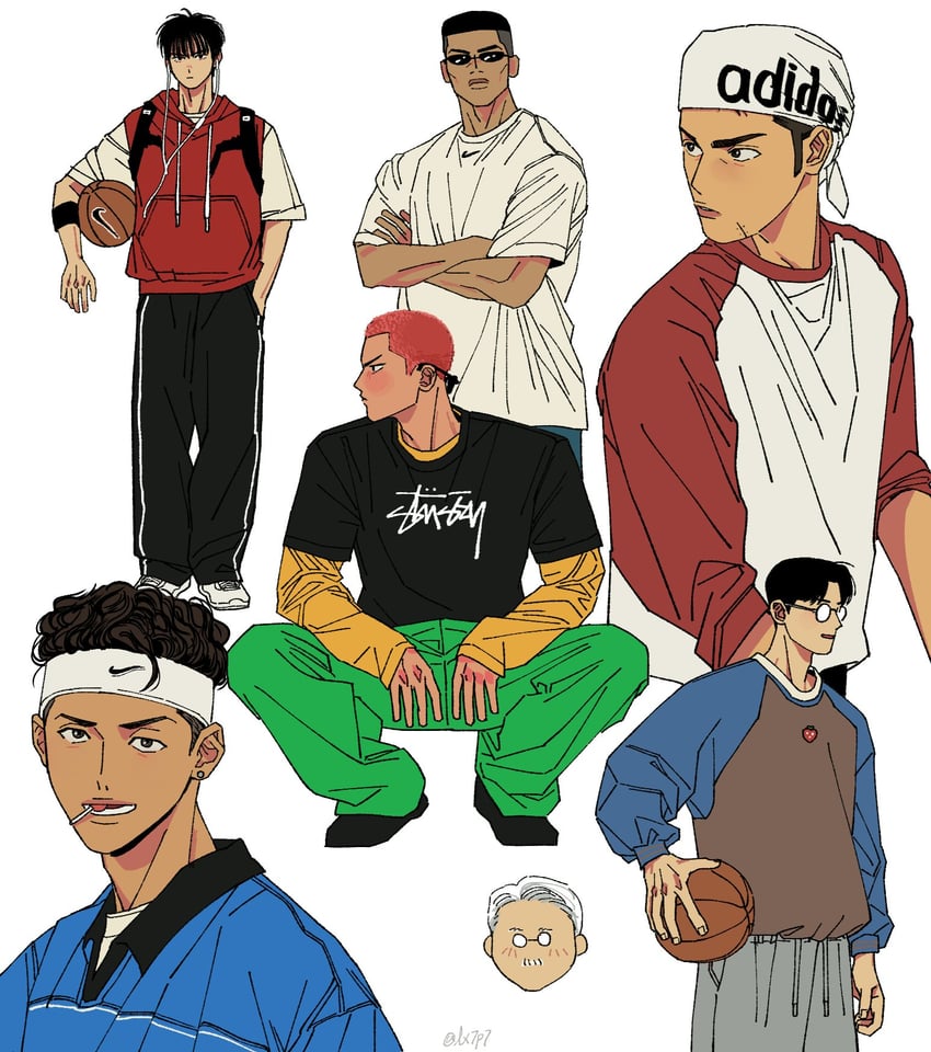 sakuragi hanamichi, rukawa kaede, miyagi ryouta, mitsui hisashi, kogure kiminobu, and 2 more (slam dunk) drawn by lx7p7