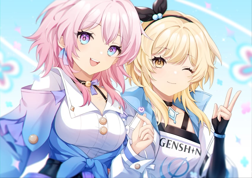 lumine and march 7th (genshin impact and 3 more) drawn by ausam