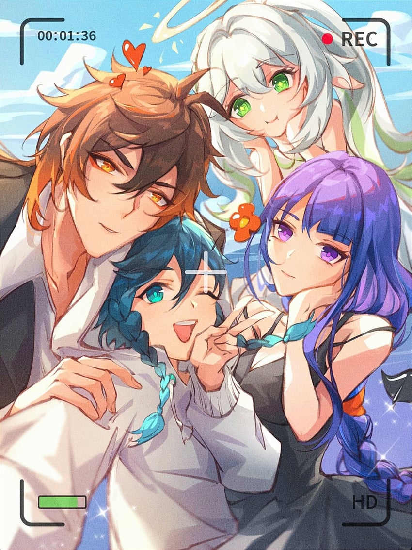 raiden shogun, nahida, zhongli, and venti (genshin impact) drawn by chenzcy