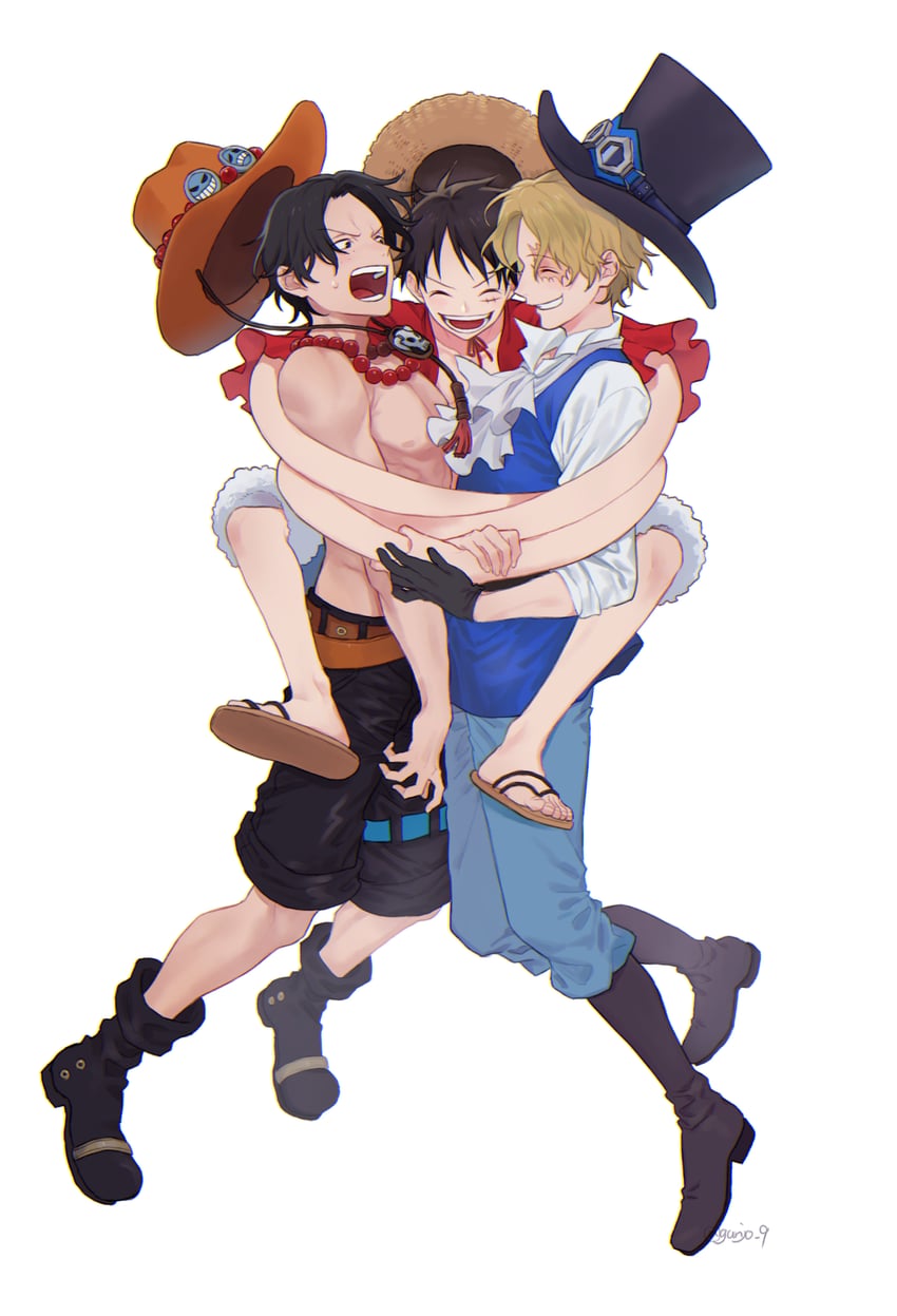 monkey d. luffy, portgas d. ace, and sabo (one piece) drawn by tsuyu_(gunjooo9)