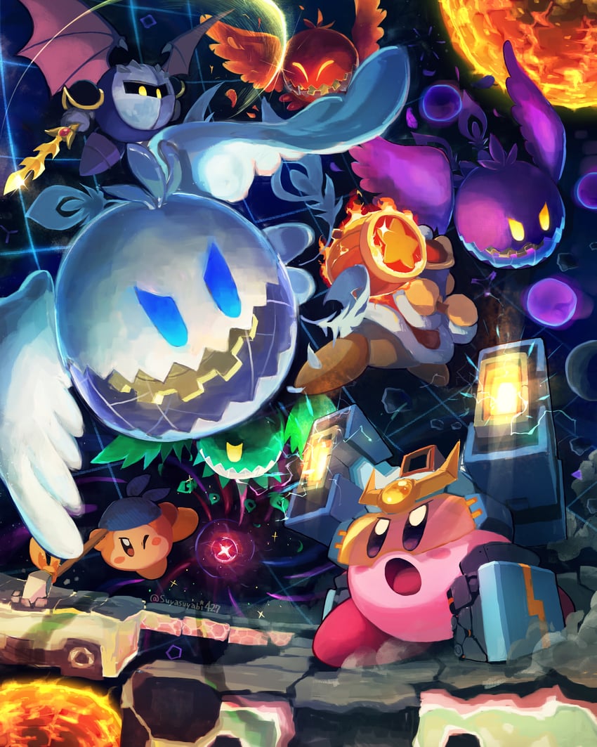 kirby, meta knight, king dedede, bandana waddle dee, doomer, and 2 more (kirby and 2 more) drawn by suyasuyabi