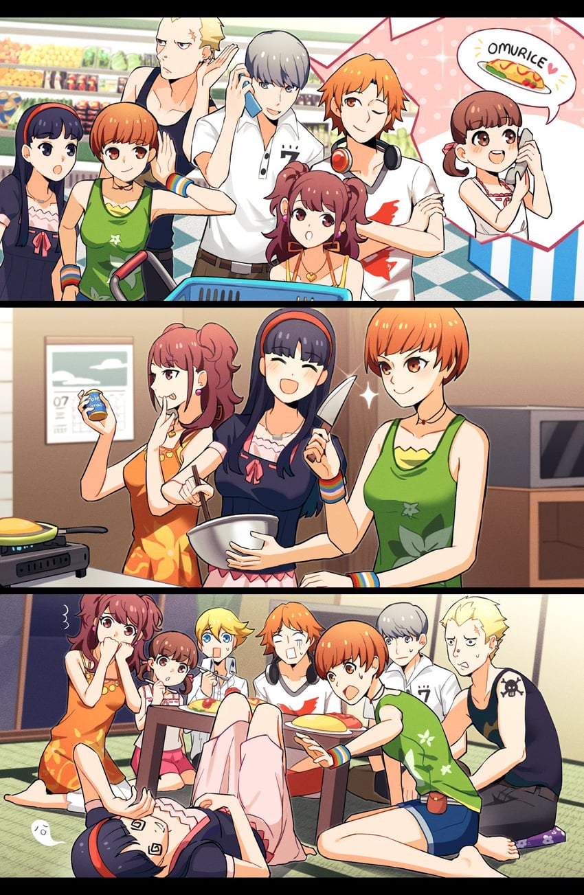 narukami yu, satonaka chie, kujikawa rise, amagi yukiko, hanamura yousuke, and 3 more (persona and 1 more) drawn by kuki_tan