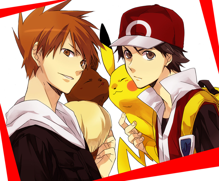 pikachu, red, eevee, and blue oak (pokemon and 2 more) drawn by xia_(ryugo)