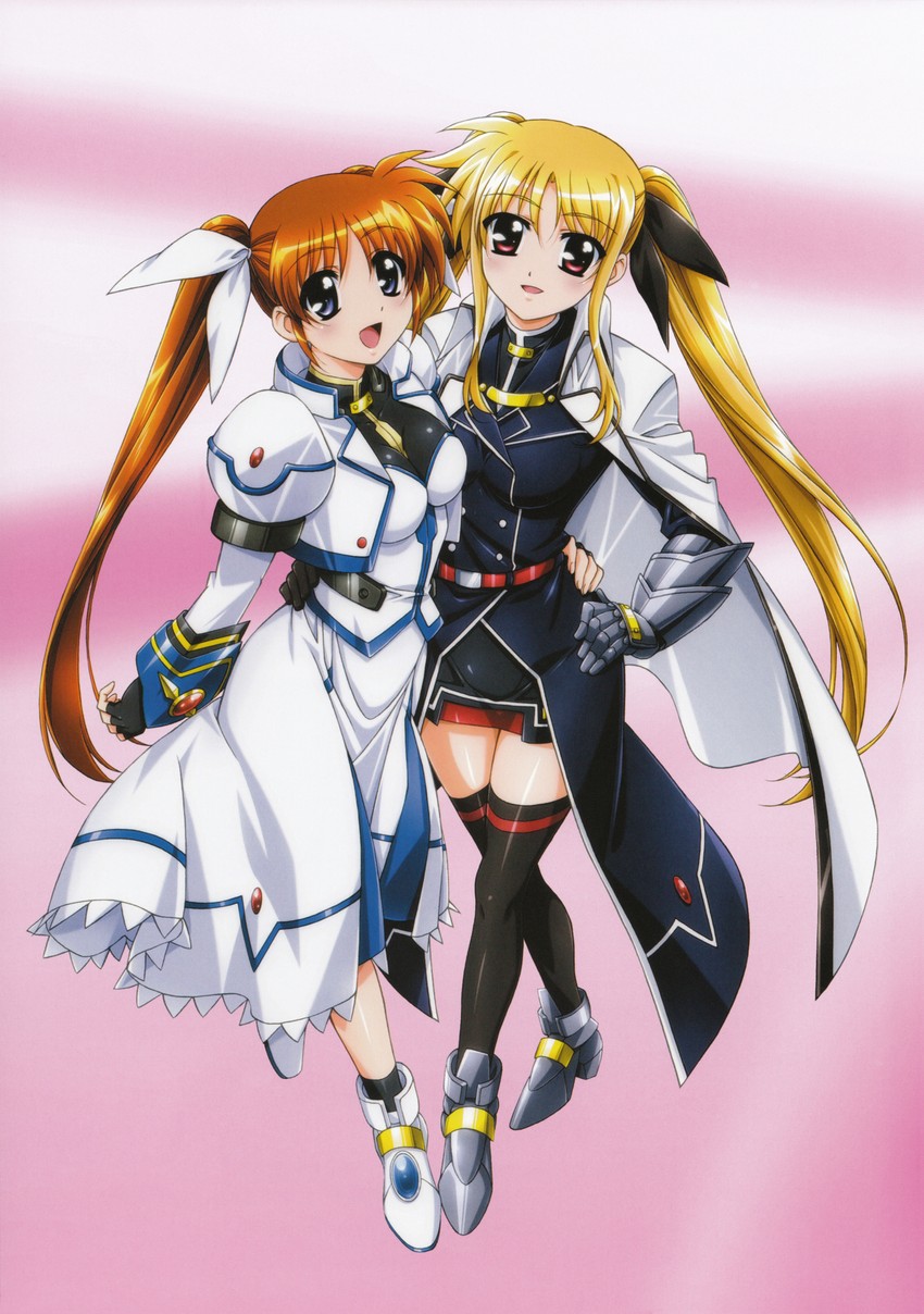 fate testarossa and takamachi nanoha (lyrical nanoha and 1 more) drawn by okuda_yasuhiro