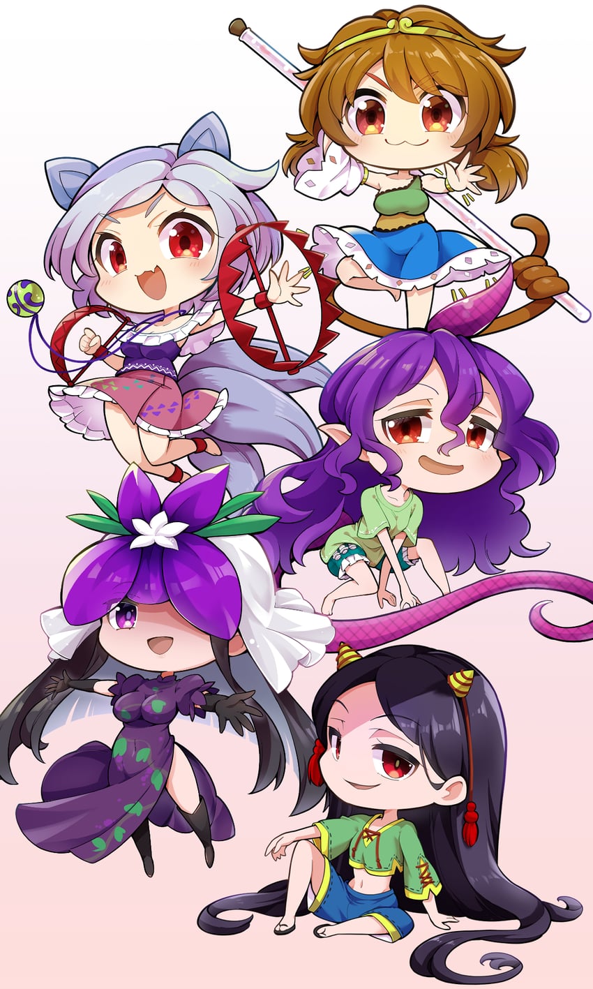 yomotsu hisami, tenkajin chiyari, son biten, nippaku zanmu, and mitsugashira enoko (touhou and 1 more) drawn by futa_(nabezoko)