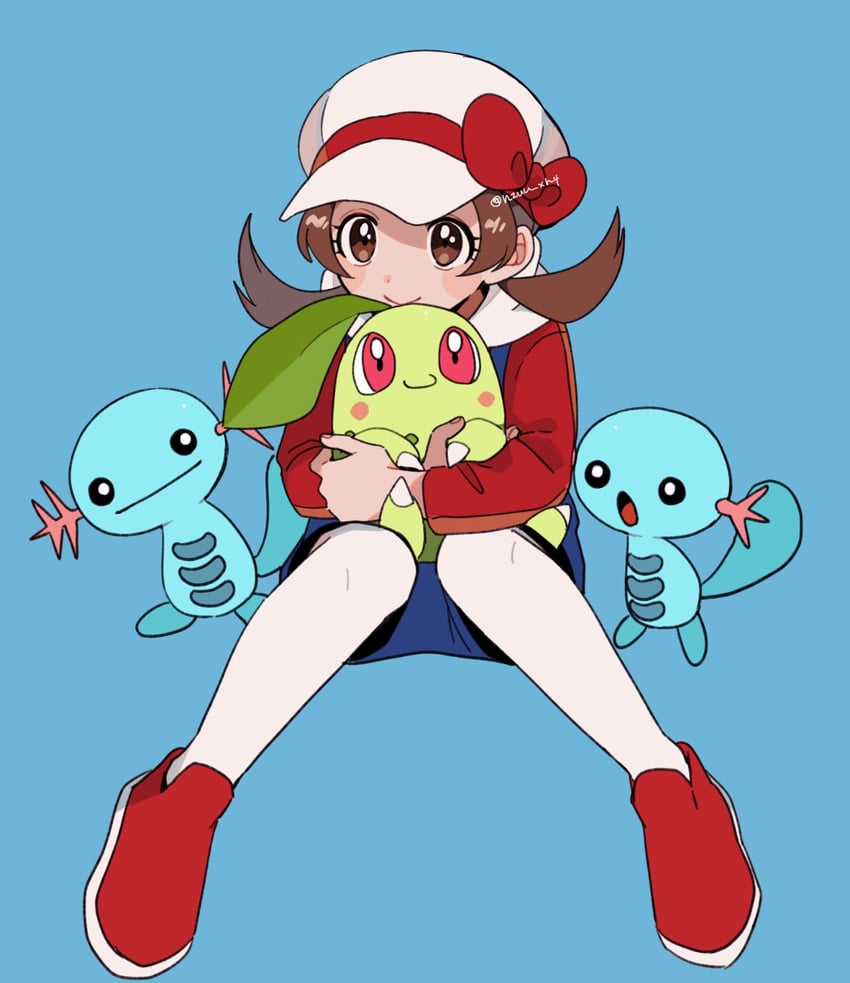 lyra, chikorita, and wooper (pokemon and 1 more) drawn by momotose_(hzuu_xh4)