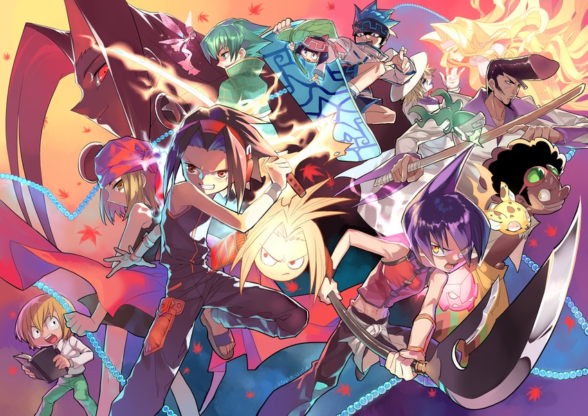 kyouyama anna, asakura yoh, usui horokeu, amidamaru, asakura hao, and 11 more (shaman king) drawn by kushabiria