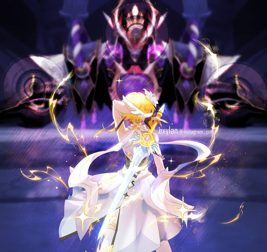 lumine and scaramouche (genshin impact) drawn by exylan