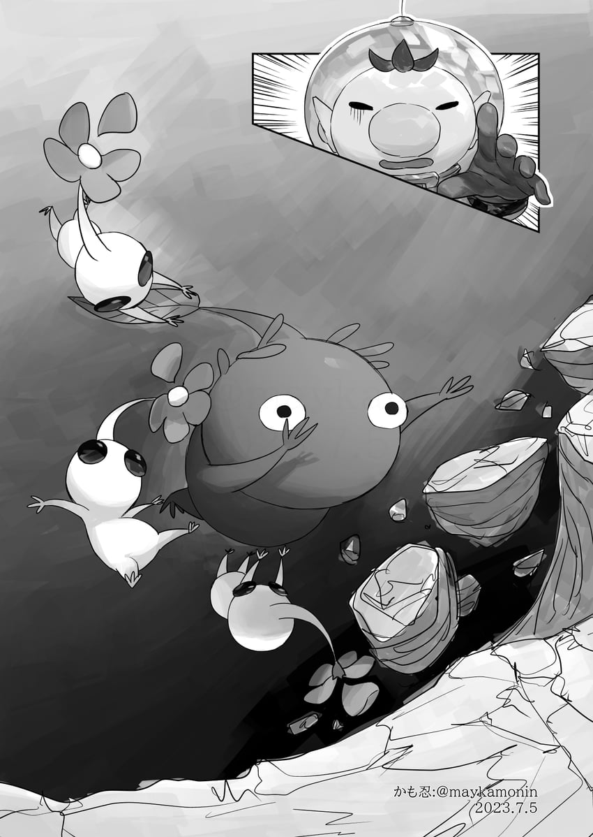 olimar, purple pikmin, and white pikmin (pikmin) drawn by maykamonin