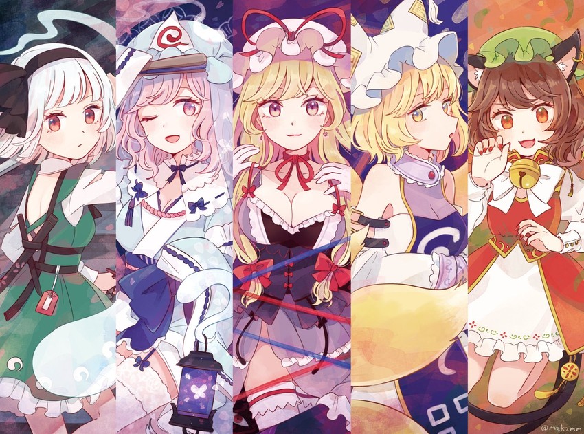 konpaku youmu, yakumo yukari, saigyouji yuyuko, yakumo ran, and chen (touhou) drawn by mozukuzu_(manukedori)