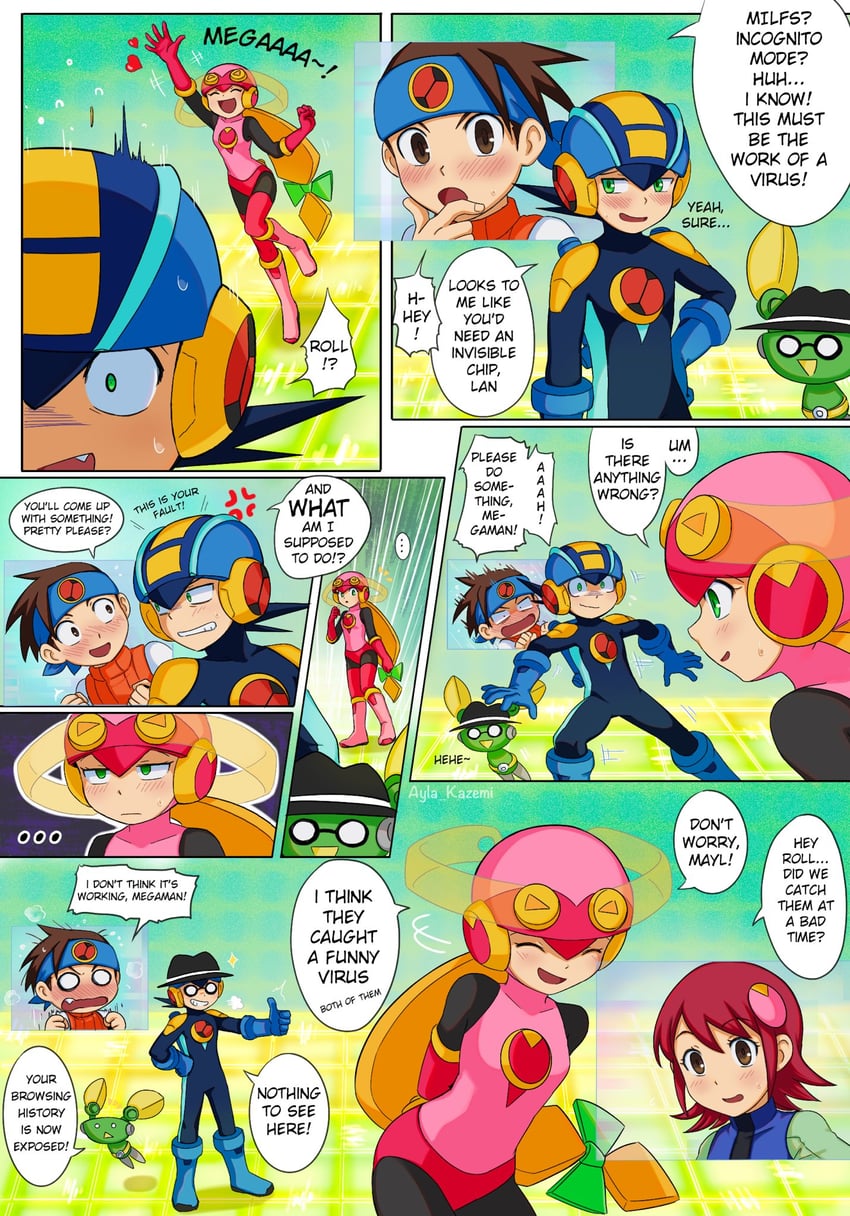 megaman.exe, lan hikari, roll.exe, mayl sakurai, and mr. prog (mega man and 1 more) drawn by ayla_kazemi