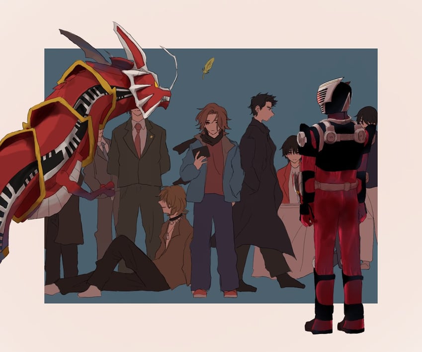 kamen rider ryuki, dragreder, kido shinji, asakura takeshi, akiyama ren, and 7 more (kamen rider and 1 more) drawn by kaede_1402