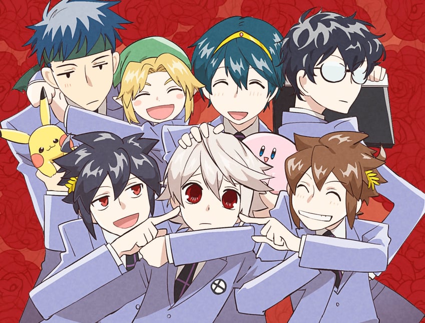 link, pikachu, kirby, amamiya ren, female corrin, and 6 more (pokemon and 13 more) drawn by ko_iwari_ngo