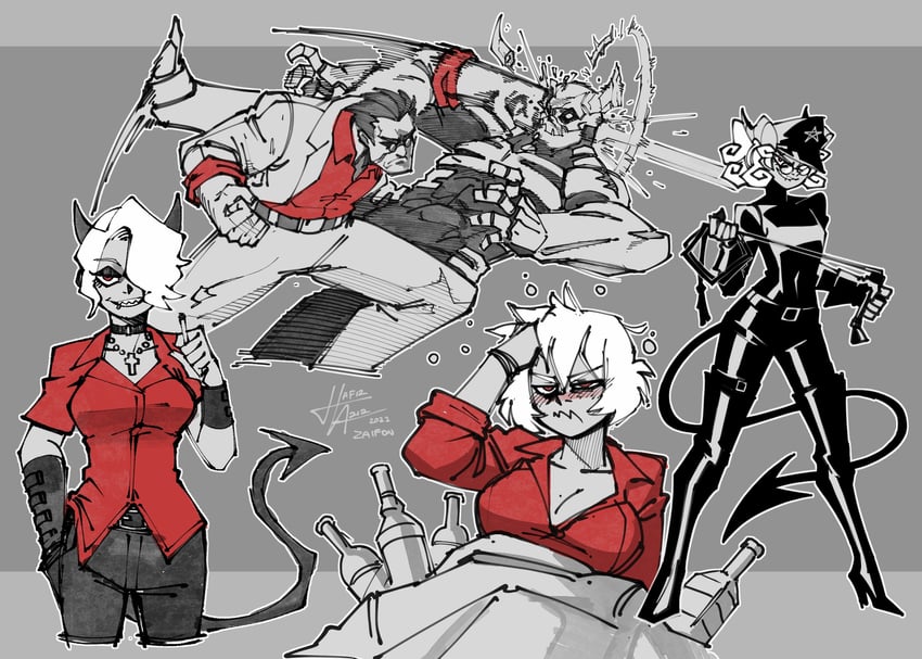 helltaker, malina, zdrada, pandemonica, and skeleton (helltaker) drawn by za1f0n