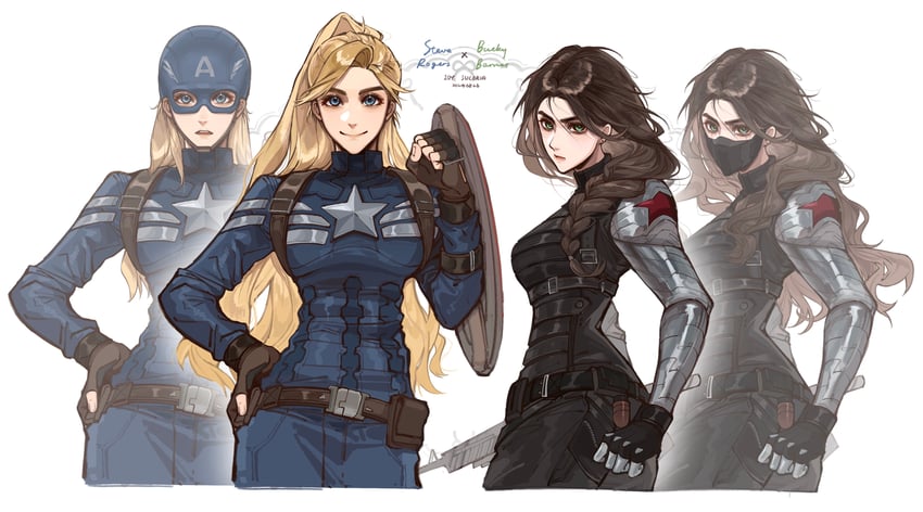 steve rogers, captain america, bucky barnes, and winter soldier (marvel and 1 more) drawn by icy_suluoluo