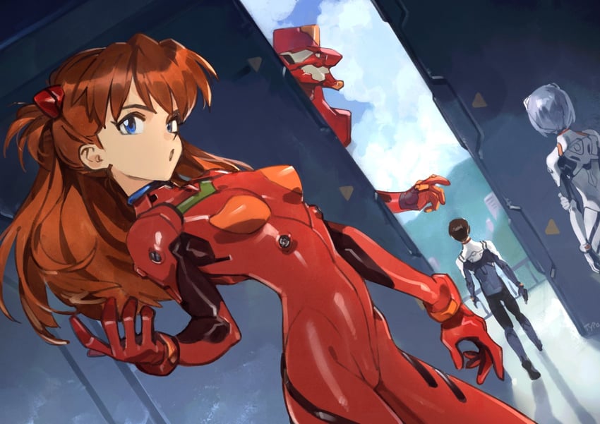 souryuu asuka langley, ayanami rei, ikari shinji, and eva 02 (neon genesis evangelion) drawn by optionaltypo