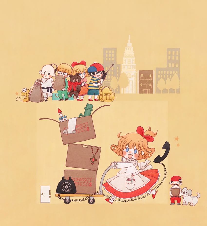 ness, paula, doseisan, jeff andonuts, poo, and 3 more (mother and 1 more) drawn by sasa_(toriiro)