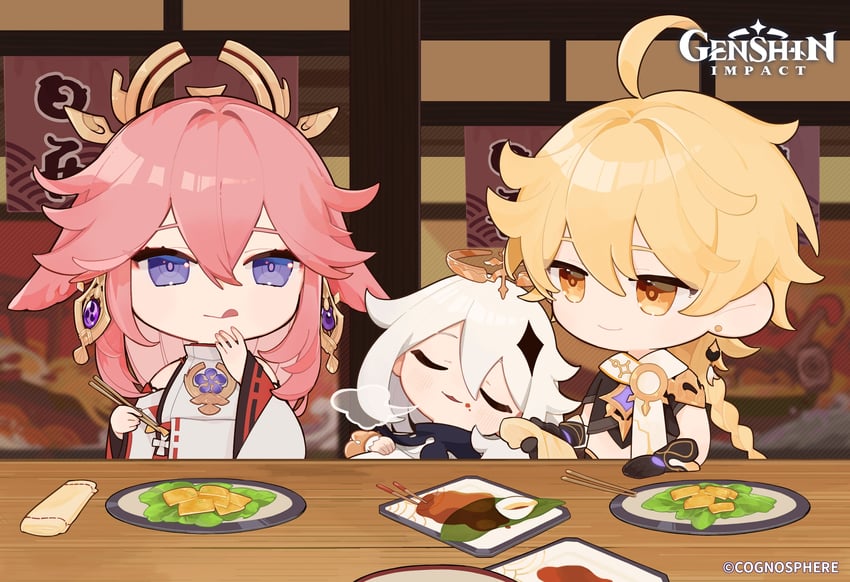 aether, yae miko, and paimon (genshin impact)