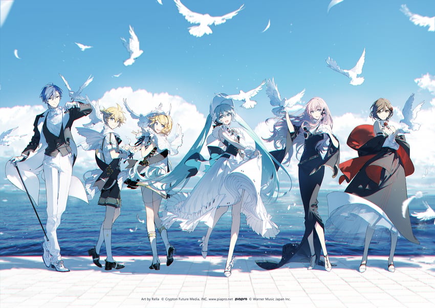 hatsune miku, kagamine rin, kagamine len, megurine luka, kaito, and 1 more (vocaloid and 1 more) drawn by rella