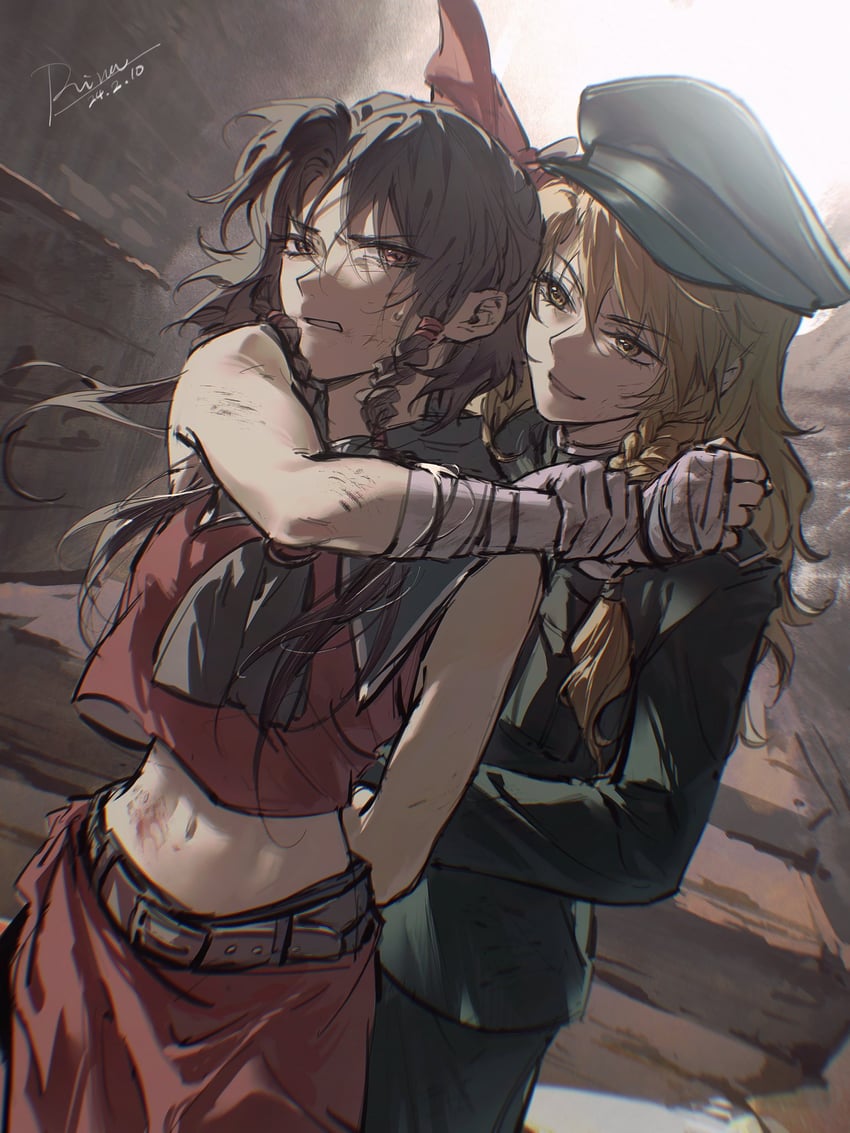 hakurei reimu and kirisame marisa (touhou) drawn by aihara-rina