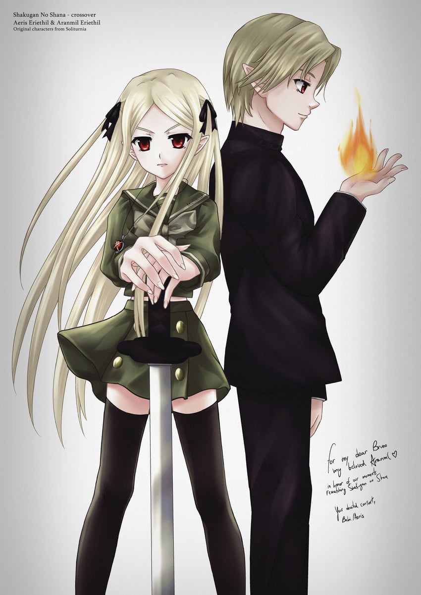 shana, alastor, sakai yuuji, aranmil eriethil, and aeris eriethil (original and 1 more) drawn by soliturnia