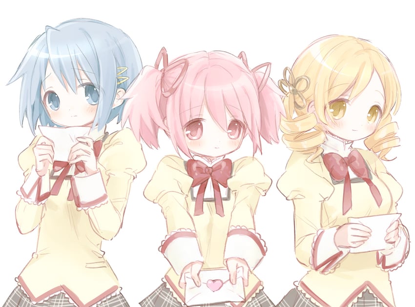 kaname madoka, miki sayaka, and tomoe mami (mahou shoujo madoka magica) drawn by mipi_(u3u_00)