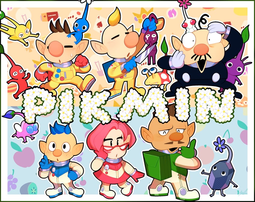 red pikmin, olimar, yellow pikmin, blue pikmin, purple pikmin, and 10 more (pikmin) drawn by kozakana