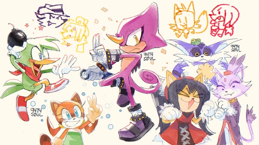 blaze the cat, tails, knuckles the echidna, espio the chameleon, big the cat, and 6 more (sonic and 4 more) drawn by 9474s0ul