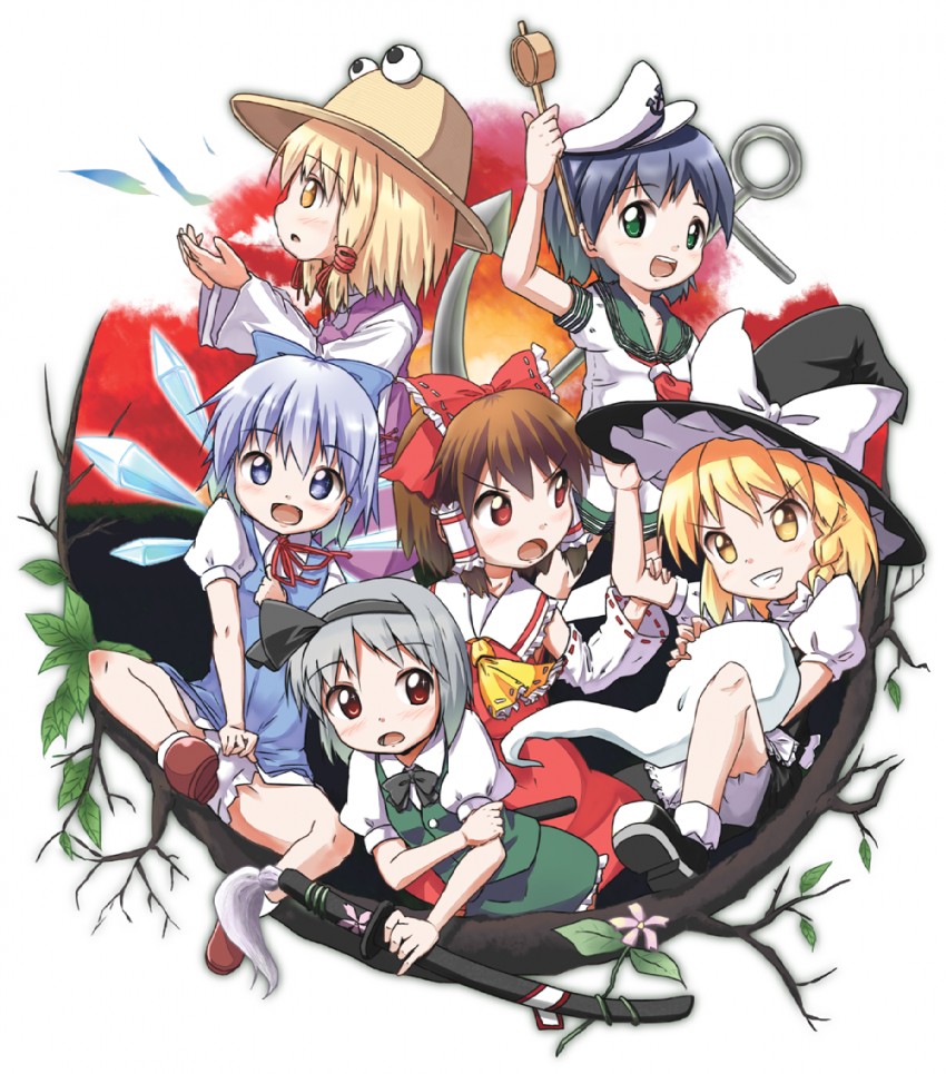 hakurei reimu, kirisame marisa, konpaku youmu, cirno, moriya suwako, and 1 more (touhou) drawn by ashida_ichirou