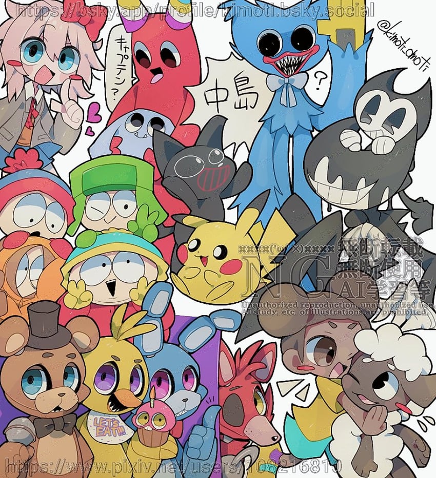 pikachu, sayori, stan marsh, kenny mccormick, kyle broflovski, and 12 more (pokemon and 7 more) drawn by kimoti_omoti