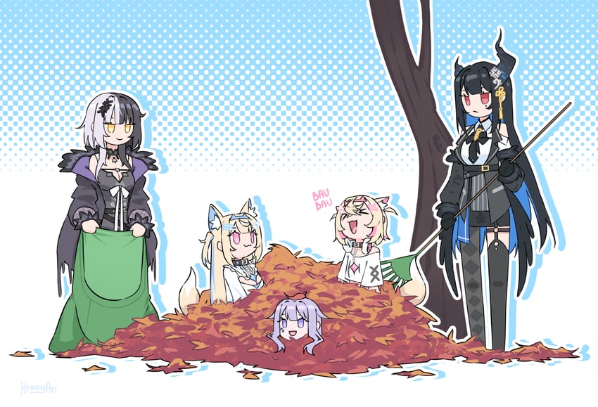 shiori novella, nerissa ravencroft, fuwawa abyssgard, mococo abyssgard, and koseki bijou (hololive and 1 more) drawn by kraeyan